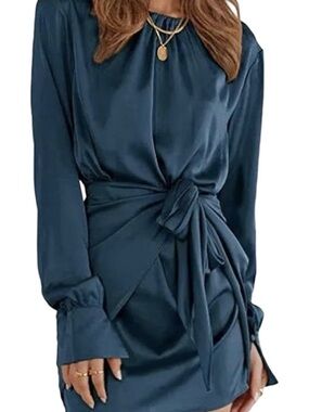 Amazon Satin Long Sleeve Dress in Navy Blue with Tie Waist
